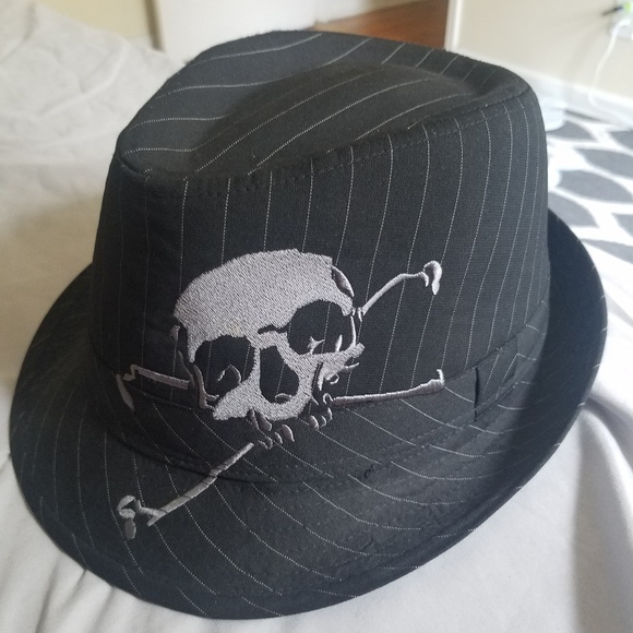 Black Pinstripe Fedora With A Skull And 
